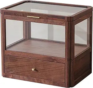 Walnut Wood & Glass Storage Cabinets Desktop Organizers Countertop with Drawers (SYJ-SCWD04)