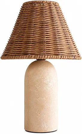 14" Small Mini Wicker Table Lamp  Handmade Ceramic Base with Rattan Shade, Dimmable Nightstand or Accent Light for Nursey, Kitchen Counter, Small Spaces, Bookshelf, Nightstand  Boho Decor