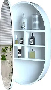Medicine Cabinet Bathroom Space Saver Storage Oval Cabinets with Mirror Surface Wall Mounted Solid Wood Circular Frame 4 Level 19.7 X 30.7 inch (Style B, White)