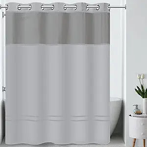 Hookless It's A Snap! Escape Shower Curtain, 3-in-1 Shower Curtain Includes Fabric Shower Curtain with Sheer Top Window, Flex-On Rings & Fabric Liner, 71" x 74", Grey