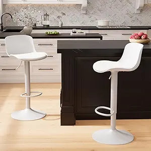 Kidol & Shellder Bar Stools Set of 2 Adjustable Swivel Counter Height Stools, Modern PU Leather Upholstered with Back Solid Color Barstools for Kitchen Island White