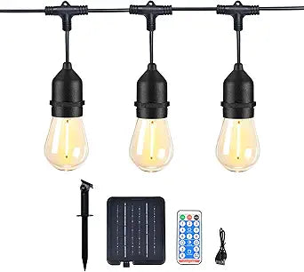 Outdoor Solar String Lights 49FT 15, Shatterproof & Waterproof LED Patio Lights with Remote, Dimmable & Timer Functions, 2700K Warm White Commercial Grade Decorative Hanging Lights