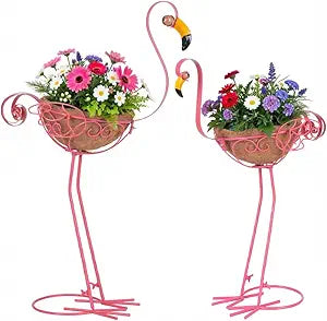 Derynome Pink Flamingo Garden Planters, Set of 2 Metal Flamingo Outdoor Planters with Basket, Flamingos Decorations for Indoor Outdoor Garden Decor