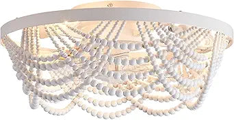 Boho Ceiling Fan with Lights Flush Mount,20 Inch Bohemia White Wood Bead Close to Ceiling Fan Light, 4 Lights Low Profile Enclosed Ceiling Fans with Remote Control for Bedroom Living Room Kitchen