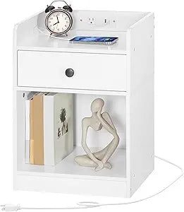 HOOBRO Nightstand with Charging Station, End Table with Drawer and Opening Shelf, Bedside Table with USB Ports and Outlets, Small Night Stand for Bedroom, Simple Style, White WT18UBZ01