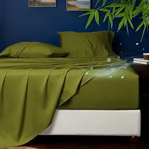 HYPREST Cooling Sheets King  Rayon Derived from Bamboo, Silk Soft & Breathable, No Sweat Luxury Sheet Set, Extra Deep Pocket King Sheets Fits 18"24" Thick Mattress- Olive Green