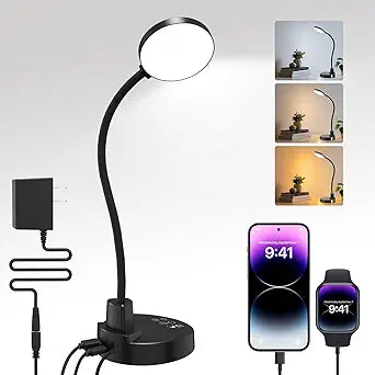 15W LED Desk Lamp with USB Charging Ports  Dimmable Table Lamp with 3 Color Temps, 5 Brightness, 4 Timers, Flexible Gooseneck Light with Base, Eye-Caring Reading Light for Home Office, Bedroom, Study