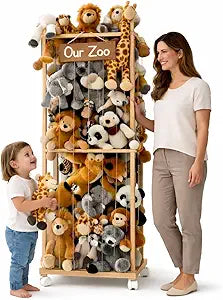 Extra Large Stuffed Animal Storage Tower - Scandinavian Solid Pine Wood Plush Organizer for Calm, Clutter-Free Kids Rooms (64" Tall, Locking Casters)