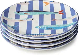 Something Fishy Ceramic SALAD/DESSERT PLATES SETof 4, 8.5-inch coastal-inspired plates with playful fish designs and crisp stripe borders, perfect for fresh salads, desserts, snacks, beachside dining