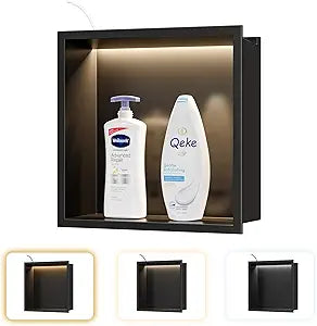 Qeke Stainless Steel Shower Niche 12" X 12", No Tile Needed Wall Niche with 3 Selectable Color Temperatures Led Light, Recessed Shower Shelf for Bathroom Storage Over Mount Installation, Matte Black
