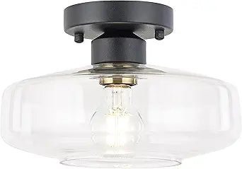 Semi Flush Mount Ceiling Light, 10.24" Modern Farmhouse Clear Glass Light Fixture with Matte Black Finish, E26 Base for Entryway Hallway Kitchen Bathroom (Bulb Not Included)