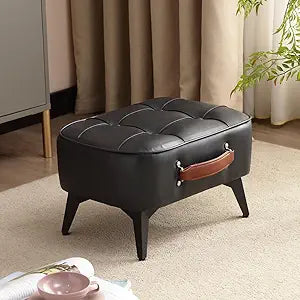 1pc Vintage Style Faux Leather Ottoman Footstool - Wooden Frame, Upholstered Interior, Multi-Use Footrest for Living Room, Entryway, Office (Black)