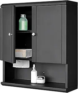Fundin Black Bathroom Wall Metal Cabinet with Hidden Tissue Slot & Adjustable Shelves, Over The Toilet Storage Cabinet for Bathroom Laundry Room