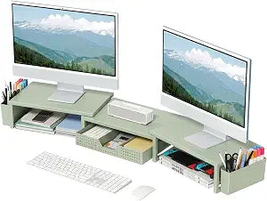 OPNICE Desk Organizers and Accessories, Dual Monitor Stand Riser with Drawer and 2 Pen Holders, Desk Shelf Computer Racks & Printer Stand for Office Workspace Organizers, Desktop Organization (Sage Green)