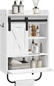 MAHANCRIS Bathroom Wall Cabinet, Farmhouse Medicine Cabinets with Sliding Door, Wall Mounted Storage Cabinet with Adjustable Shelf and Towel Bar, for Bathroom, Living Room, Kitchen, White