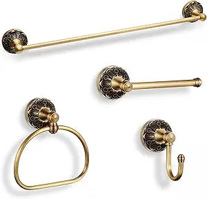 4 Pcs Antique Brass Bathroom Hardware Set, Bathroom Accessories Set, 24 Inch Wall Mounted Bath Towel Bar Toilet Paper Holder Hand Towel Holder Robe Hook for Shower Room Toilet(Single Layer)