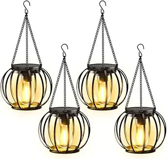 KOOPER Solar Lanterns Outdoor Waterproof, 4 Pack Upgraded Metal Hanging Solar Lights Outdoor Lanterns, Brighter Auto On/Off Outdoor Hanging Lantern for Yard Patio Pathway Porch Garden Decor