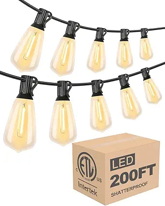 Lightdot 198FT Outdoor String Lights, LED Bistro String Lights with Shatterproof ST38 Bulbs, 2200K Dimmable, Waterproof Hanging Lights for Porch, Party, Garden, Backyard, Balcony - ETL Listed