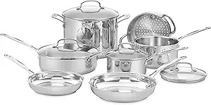 Cuisinart Chefs Classic 11-Piece Stainless Steel Pots and Pans Set, Cookware Set Compatible with Induction, Electric, Gas Cooktops, Aluminum Core for Even Heat, Cool Grip Handles, Dishwasher Safe