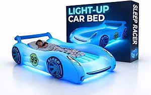 Air Candy Sleep Racer Inflatable Toddler Car Bed | Portable Kid Air Mattress with LED Night Light for Travel & Sleepovers | Blue Blow Up Car Bed for Boys & Girls Ages 3-12