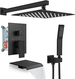 gotonovo 10'' Rain Shower Faucet System Rainfall Shower Head with Handheld Sprayer Waterfall Tub Spout Wall Mounted Mixer Combo Rough-in Valve and Trim Included 5.7 Inch Wide Spout Matte Black