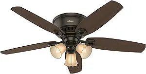 Hunter 52 inch Indoor Ceiling Fan with LED Lights - Bronze Ceiling Fan with Pull Chain, For Bedroom, Living Room, or Kitchen, Low Profile Flush Mount, No Remote, 5 Blades - Builder 53327, New Bronze