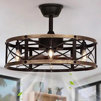 SHLUCE 22" Caged Farmhouse Ceiling Fan with Light, 6 Speeds, Rustic Fandelier Enclosed Ceiling Fans with Lights and Remote, Modern Bladeless Ceiling Fan with Light for Living Room, Bedroom - ETL
