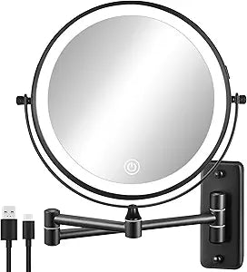 DECLUTTR Wall Mounted Lighted Makeup Mirror, 8" Rechargeable Double Sided 1X/10X Magnifying Mirror with Light, 3 Color Lights, Touch Dimmable, 360 Rotation Foldable Extended Arm, Black