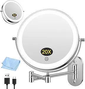 FUNTOUCH Rechargeable Wall Mounted Makeup Mirror with Lights,5000mAh Double Sided 3X/20X Magnifying,3 Color Lights,Touch Dimmable, Extended Arm 360 Rotation Lighted Bathroom Mirror with Magnification