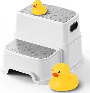 UNCLE WU Toddler Step Stool for Potty Training, Bathroom Sink & Toilet - 2 Step Kids Poop Stool, Non-Slip Step Stool with Handles, Dual Height Stepping Stool for Kitchen Counter (Include 2 Ducks)