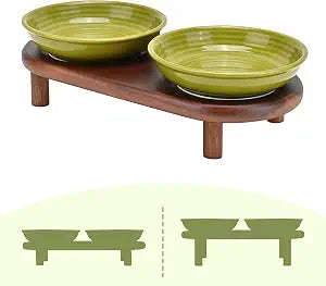 SPUNKYJUNKY Shallow Elevated Cat Bowl with Acacia Wood Stand Wide Raised Ceramic Cat Dishes Whisker Friendly Pet Food and Water Plates (Striped Pattern, Green)