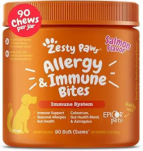 Zesty Paws Dog Allergy Relief Chews, Dog Probiotics for Itchy Skin and Ears, Salmon, 90ct