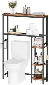HOOBRO Over The Toilet Storage Cabinet, Freestanding Bathroom Organizer with Toilet Paper Holder, Hooks, 5-Tier Bathroom Storage Shelves for Laundry Room, Space Saver, Rustic Brown and Black BF84TS01