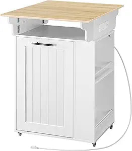 HOOBRO Kitchen Island with Trash Can Storage, Rolling Kitchen Island with Drop Leaf Countertop, Island Table with Power Outlet & Spice Rack, for 10 Gallon Garbage Bin, White and Natural WN33UZD01