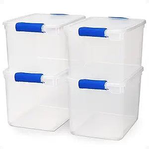 HOMZ 4-Pack 31 Quart Latching Lid, Clear Plastic Storage Organizer Bins, Blue  Stackable Containers for Home & Office Shelves, Kitchen, Garage, and Bathroom Organization