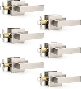 6 Pack Brushed Nickel Passage Door Levers Square Door Lever Non-Locking Lever Set Interior Keyless Door Handles Door Lock Door Handle for Hallway Closet