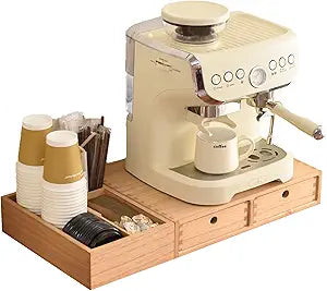KIRIGEN Wooden Coffee Station Organizer 2-Piece Set - Coffee Bar Storage with Drawers for Sugar, Tea - Coffee Pod Holder and Accessories Organizer for Kitchen Counter Nature KFJTZ-NA