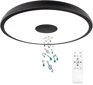 Black Waterproof LED Flush Mount Ceiling Light Fixture,with Bluetooth Speaker,11 Inch,18 watt,Dimmable Music Lamp,RGB Color Changing Light with Remote Control,for Bathroom,Shower,Bedroom