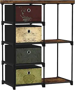 VASICAR Small Fabric Dresser with 2-Tier Side Shelf, 4 Drawers Storage Drawer Units for Bedroom, Storage Cabinet, Beside Sofa Table for Hallway Entryway