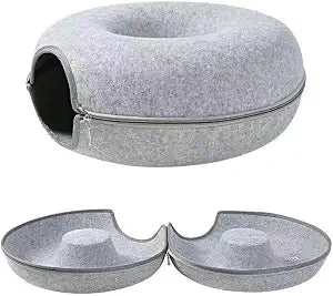 Round Doughnut Cat Tunnel Bed in Light Grey, Soft Felt Cloth Hideout Toy for Indoor Cats, Cozy Sleeping, Playing and Resting Space for Home Use