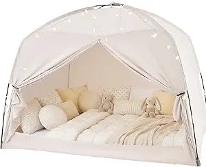 Twin Bed Tent for Kids, Indoor Play Tent with Star Lights, Cozy Privacy Space Birthday Gift for Boys & Girls (Cream)