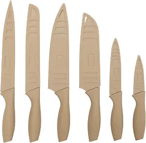 Gibson Home Bostonville 12 Piece Kitchen Knives Set W/Blade Guards/Sheaths, Chef Knife Sets With Nonstick Blades - Taupe