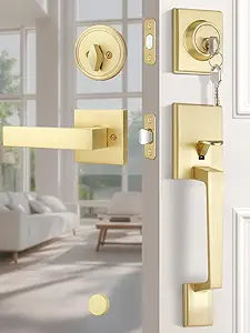 1 Pack Gold Front Door Lock Set, Exterior Door Handle with Single Cylinder Deadbolt, Front Door Handle with Square Door Lever, Reversible for Left/Right Doors