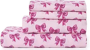 Paris Hilton Queen Size Sheets Set  4 Piece Bed Sheets with Fitted Sheet, Flat Sheet, 2 Pillow Covers, Fits up to 15" Mattress Deep Pocket Queen Sheet Set for Women, Bows, Pink