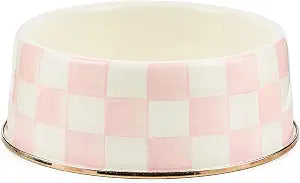 MACKENZIE-CHILDS Enamel Pet Bowl, Cute Cat and Dog Bowl for Food and Water, Large, Pink-and-White Rosy Check