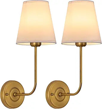 Hardwired Wall Sconce Set of 2 with Flared Shape White Textile Shade Curved Arm and Antique Brass Finish Metal Base,Perfect for Bedroom Living Room Bathroom Vanity Area
