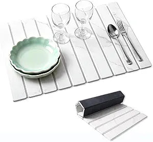 Stone Dish Drying Mat for Kitchen Counter, 24''16'' Quick Dry Stone Dish Matt Collapsible Water Absorbing Diatomaceous Earth Drying Organizer Mat for Dishes Bottles Cups, Any Countertop(White Marble)