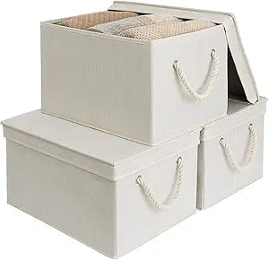StorageWorks Storage Bins with Lids, Decorative Storage Boxes with Soft Rope Handles, Foldable Stackable Storage Baskets for Closet, Shelves, 3-Pack, Ivory and White, Jumbo