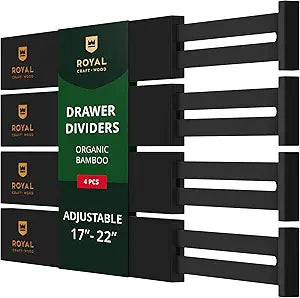 Bamboo Drawer Dividers Organizers, Adjustable Drawer Separator Splitters, 1722 Inches Expandable Drawer Divider Organizer for Large Utensils, Kitchen, Bedroom, Dresser & Office Drawers 4-Pack, Black