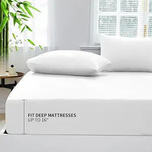 Full Size Fitted Sheet with Pillowcases Set - 100% Viscose Derived from Bamboo - 400 Thread Count Cooling Fitted Sheet for Hot Sleeper - 16" Deep Pocket Fitted Sheet, Breathable (Full, White)